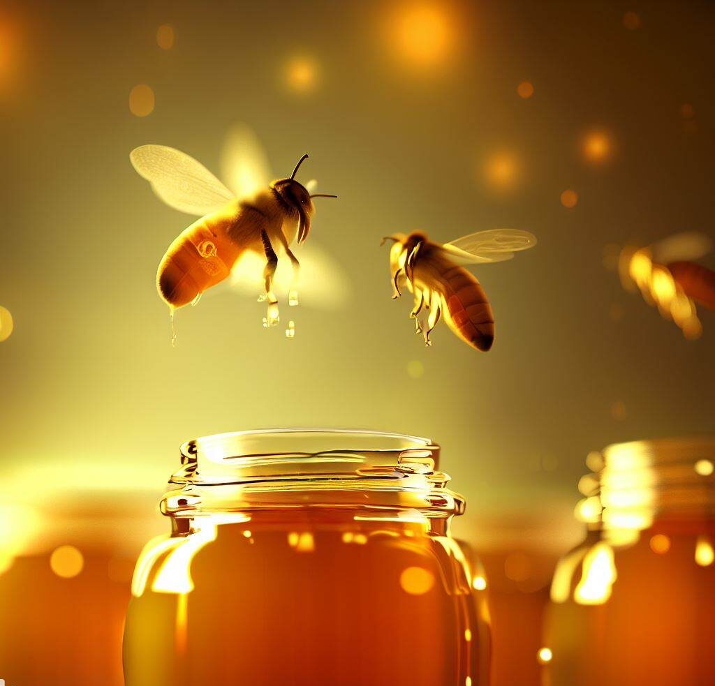 abejas volando sobre frasco de miel