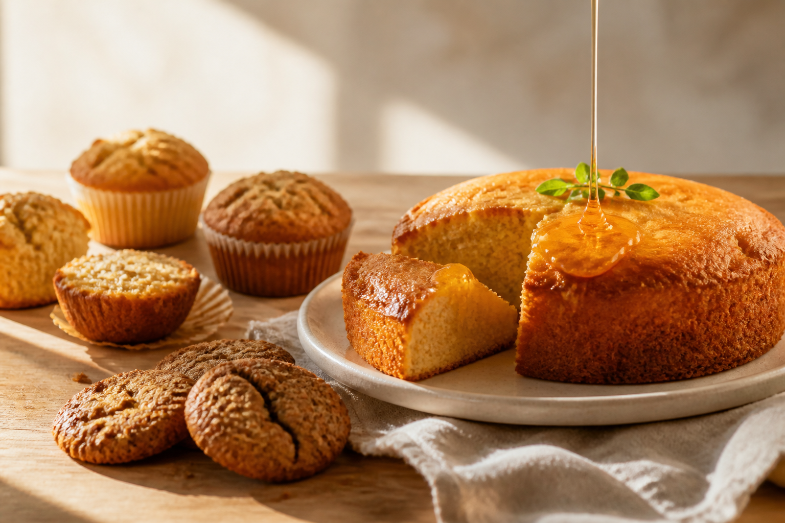Bizcocho, muffins y galletas preparados con miel dorada