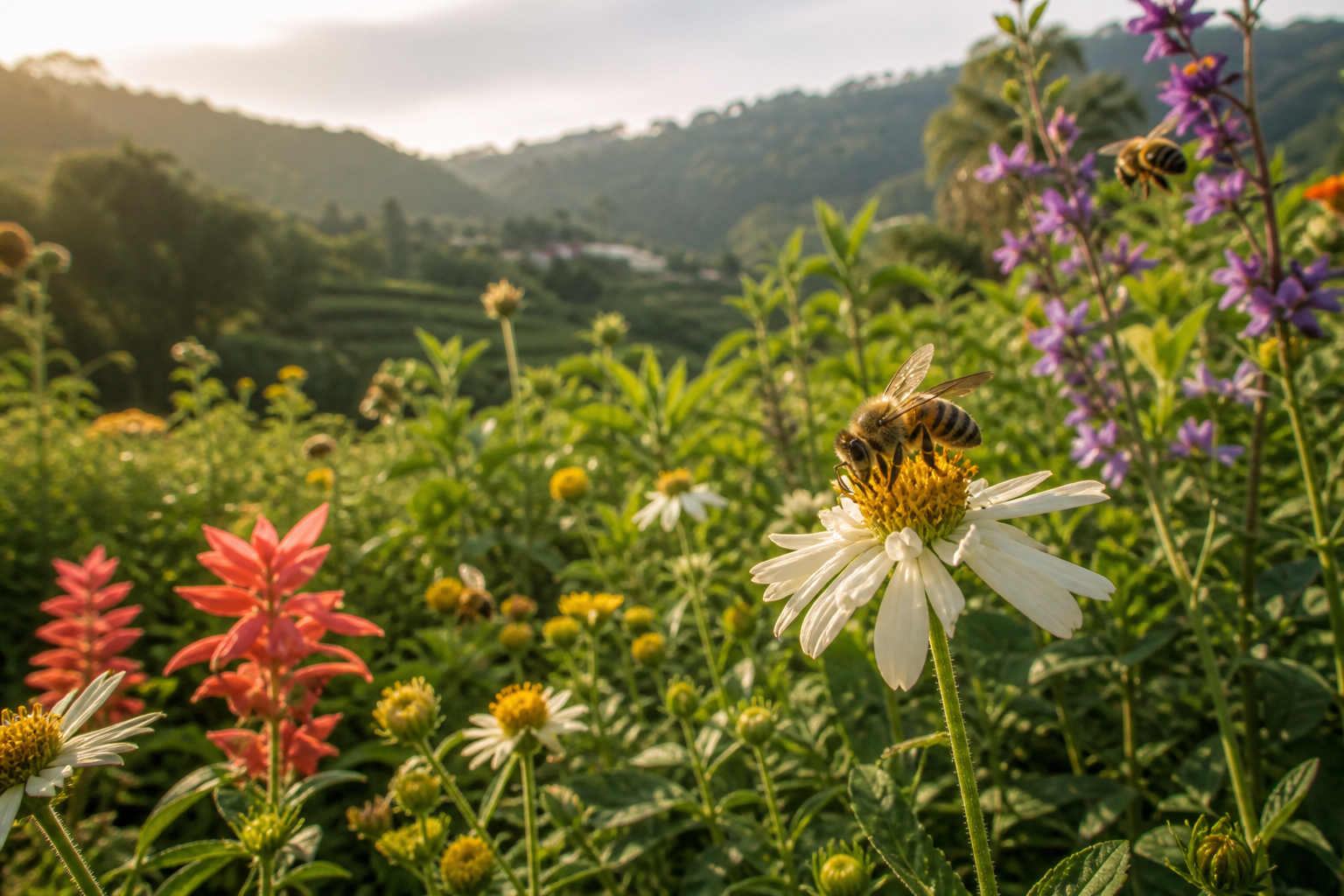 Jardín con flores para atraer abejas en Colombia