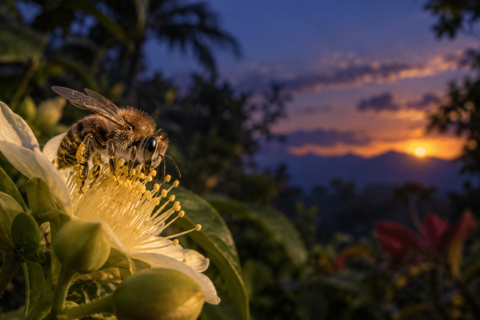 Abeja nocturna con polen visitando una flor blanca al atardecer