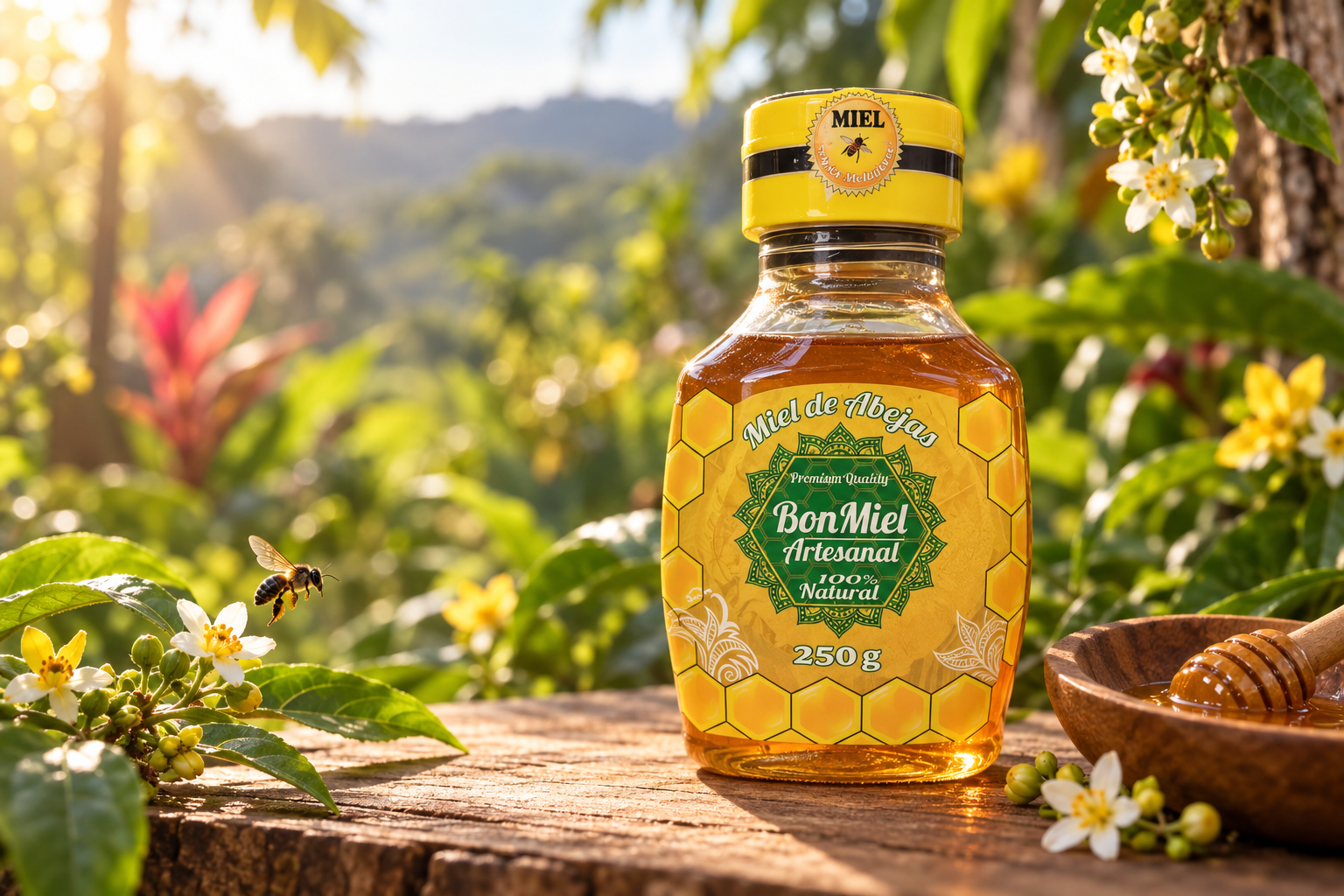 Presentación Bon Miel 250 g en un jardín con abejas sin aguijón