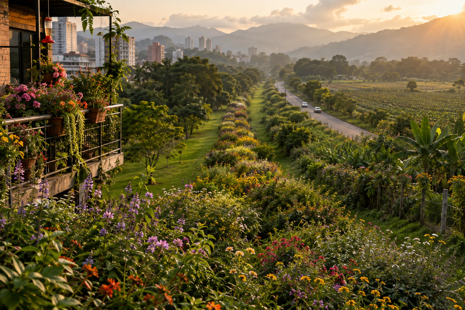 Corredor de flores para polinizadores que conecta un balcón, un parque y cultivos
