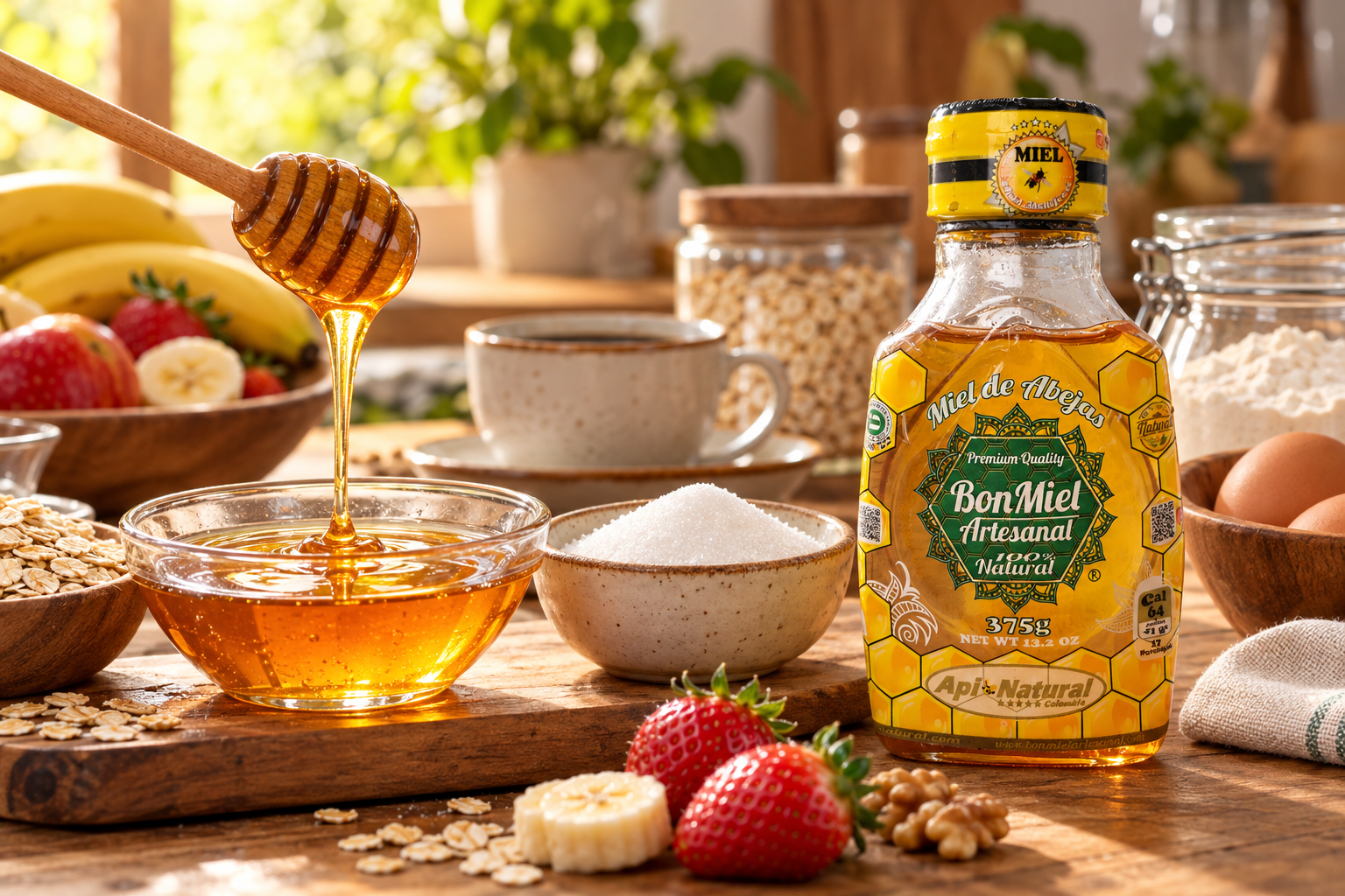 Bon Miel 375 g junto a miel, frutas, avena y azúcar en una cocina cálida
