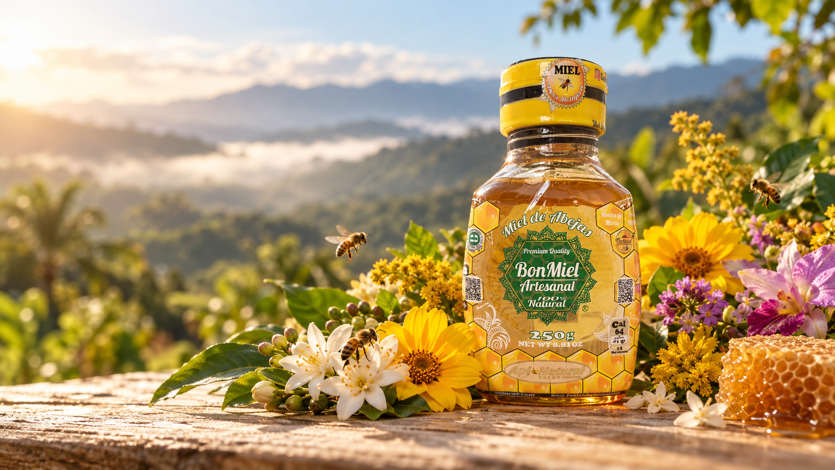 Botella Bon Miel de 250 g entre flores melíferas de un paisaje colombiano