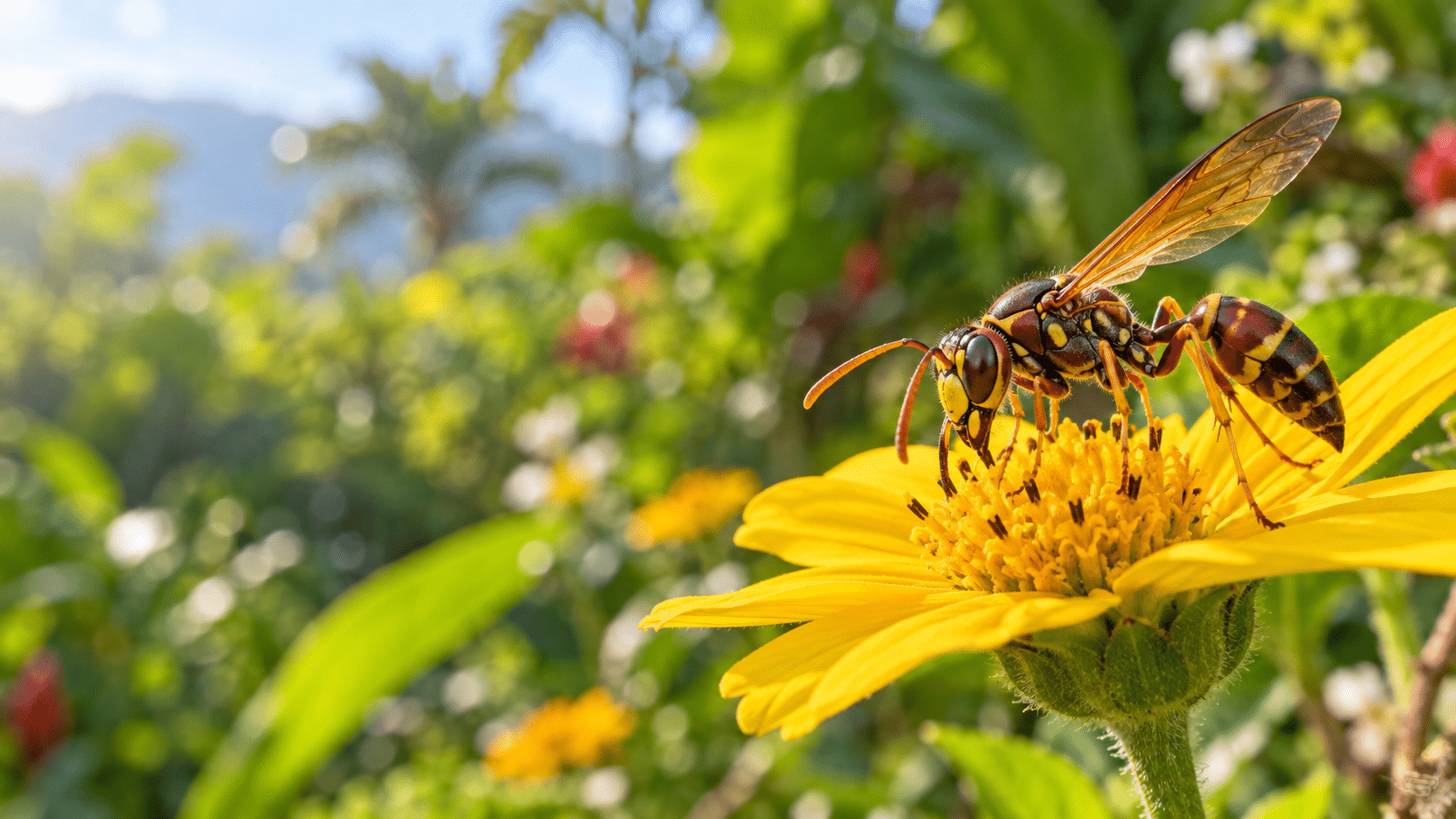 Avispa sobre una flor amarilla alimentándose de néctar en un jardín colombiano